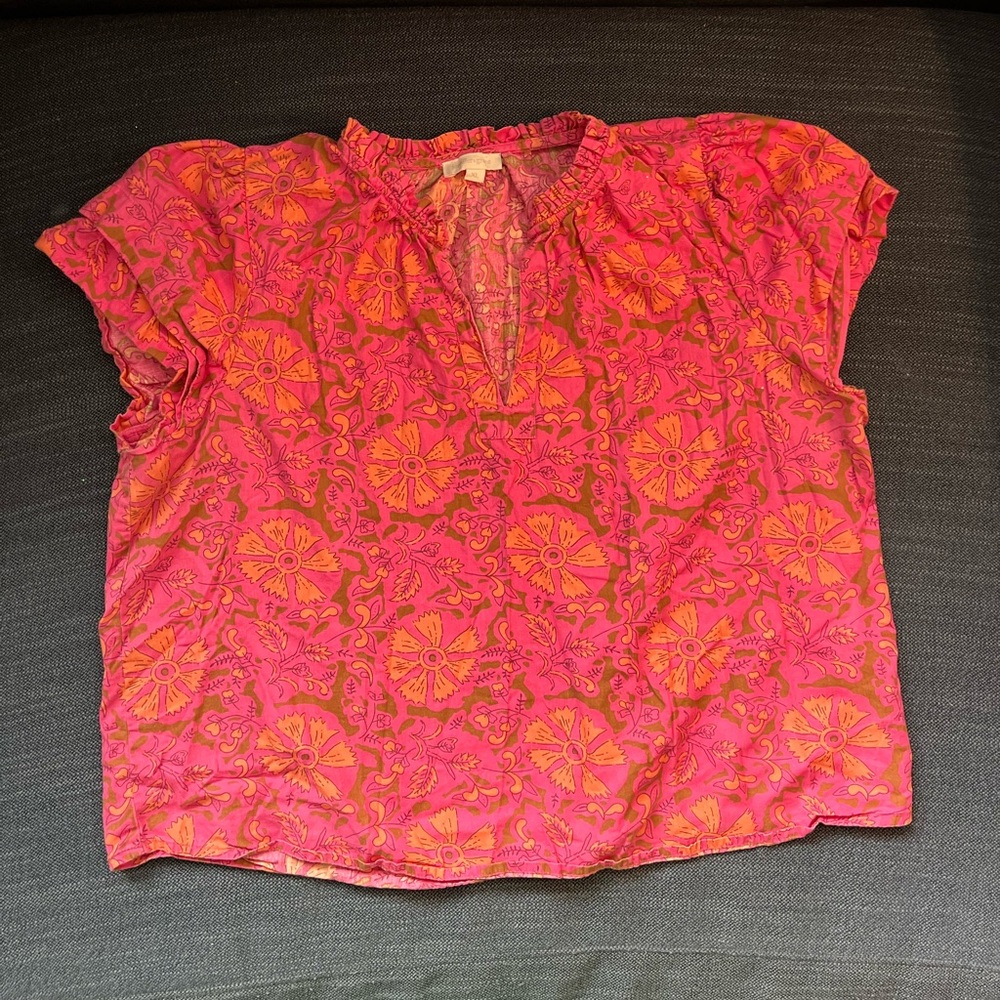 Jennifer & Grace Pink Floral Puff Sleeve Boho Ruffle Trim Top